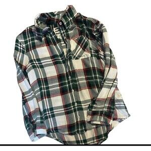 Justice green cream soft plaid button down shirt L  (B1)